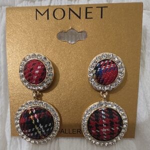 Monet Red and Black Plaid Earrings with Crystal Trim